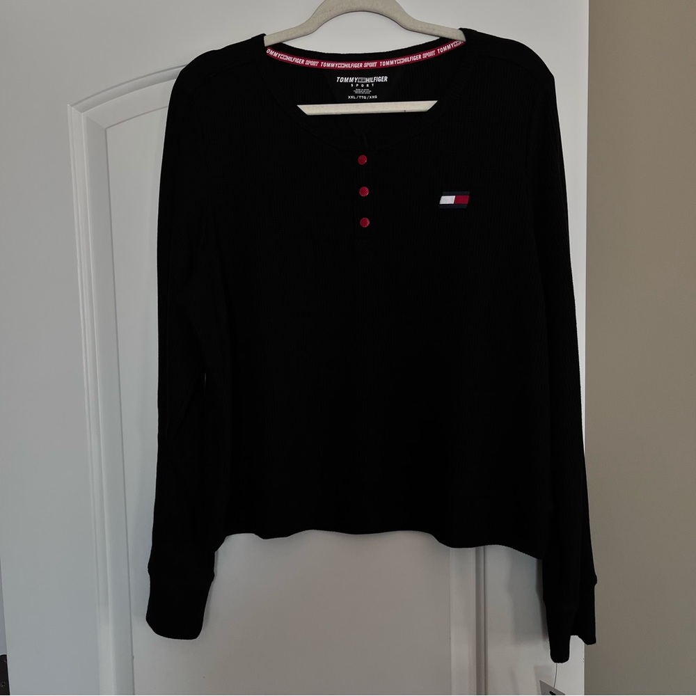 Tommy Hilfiger Black Long-Sleeve Waffle Ribbed Henley with Logo